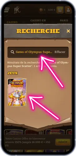 Barre de recherche du casino avec résultat Gates of Olympus Super Scatter