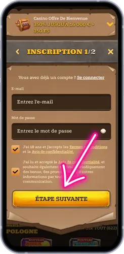 Première étape d'inscription au casino – saisie de l'e-mail et mot de passe