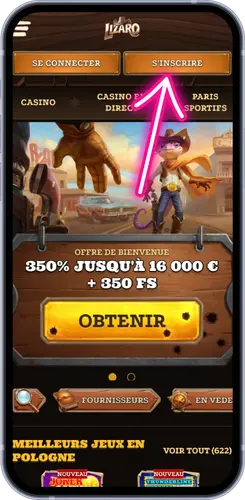 Page d'accueil du casino Lizaro avec bouton S'inscrire