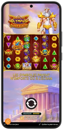 Grille 6x5 de Gates of Olympus Super Scatter en jeu de base avec multiplicateurs 500x et 25x