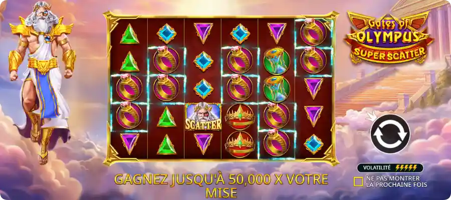 Gates of Olympus Super Scatter avec Zeus, grille 6x5 et gain maximal de 50 000x la mise